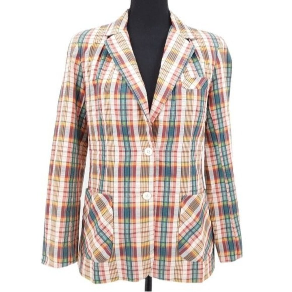 VTG 70s Claybrooke Multicolor Plaid Seersucker Blazer Jacket M Lightweight